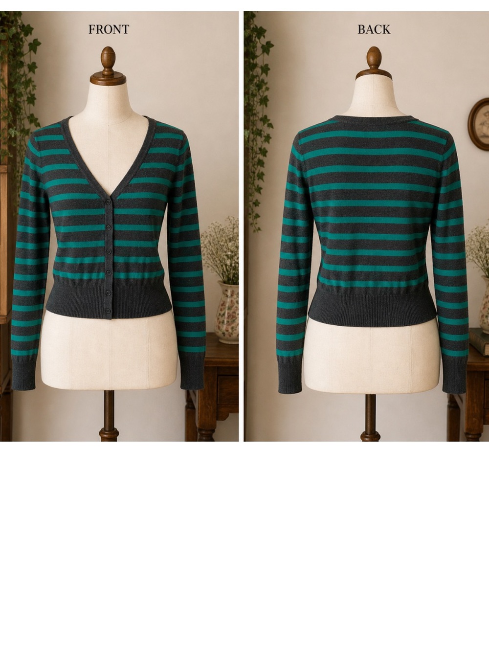 Rue21 Green and Gray Striped Cardigan Button Front Size L - Picture 2 of 4
